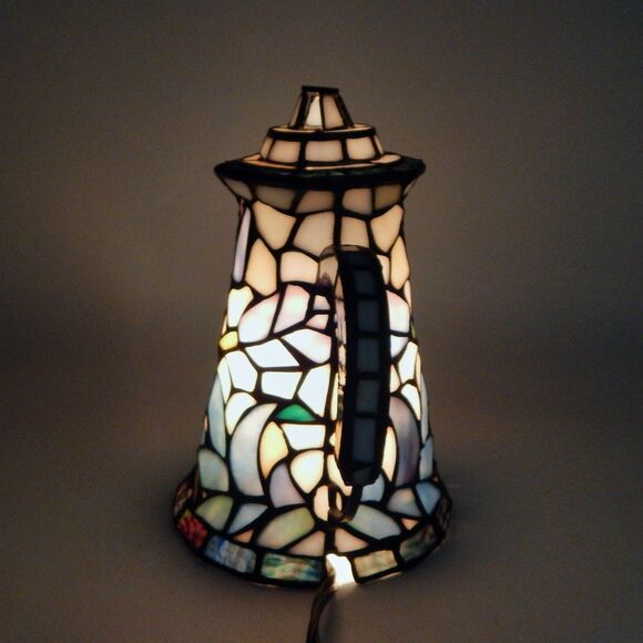 Stained Glass Coffee Tea Pot Accent Lamp Tulips 9 Inch Tiffany Style - Picture 2 of 11